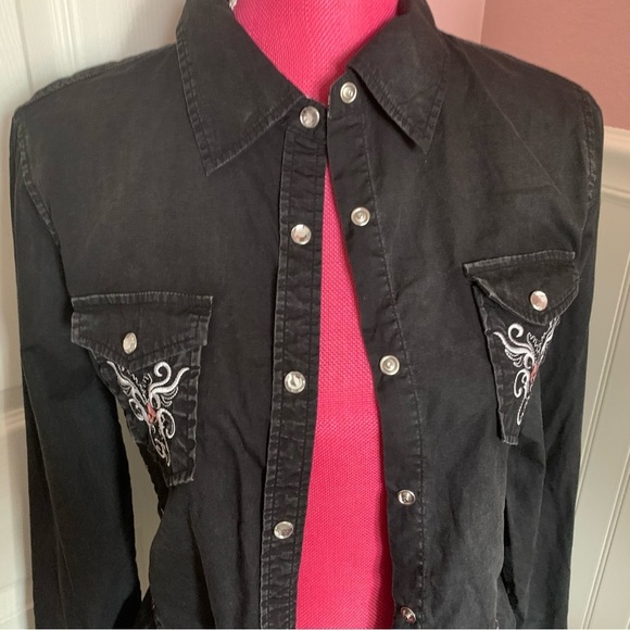 Black Denim Cowgirl Button Down with Pearl Buttons, Pink/White Embroidery - Picture 1 of 10